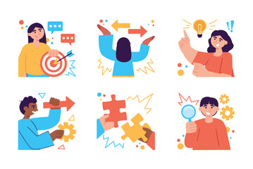 Poster - Brainstorm set color concept with people scene in the flat cartoon design. Team of creative people work on realizing cool business ideas. Vector illustration.