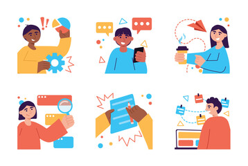 Poster - Set color concept Work flow with people scene in the flat cartoon style. Employees complete various tasks on the work. Vector illustration.