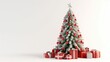 © RocknRoller Studios - Christmas Tree with Red decorations and Gifts. Holiday concept on White background with copy-space. Generative AI.