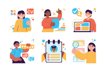 Aufkleber - HR manager set color concept with people scene in the flat cartoon design. HR manager chooses questionnaires of employees that suit him. Vector illustration.