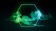 © RocknRoller Studios - Cloud Formation Illuminated with Green and Turquoise Fluorescent Light. Dark Environment with Hexagon shaped Neon Frame.