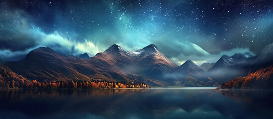 Wall Mural - panorama with a starry night sky with stars and the milky way over mountains and lake water. Generative AI illustration