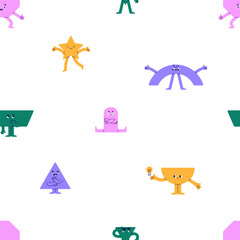 Poster - Seamless pattern, cute funny geometry shapes characters. Fun geometric figures, repeating print. Childish endless background for textile, wallpaper. Colored kids flat graphic vector illustration