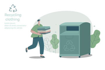 A man holding stack of clothes or textiles to donate, Recycle and sustainable environmental care concept on fashion. Vector design illustration.