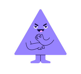 Poster - Sly cunning geometric shape. Funny cute sneaky character plotting, scheming, planning. Devious geometry figure, thoughtful evil tricky triangle. Flat vector illustration isolated on white background