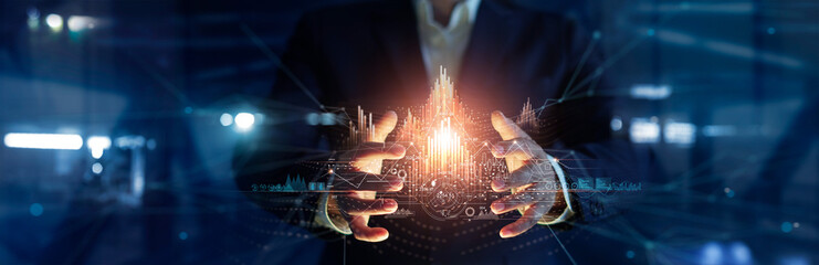 Poster - Businessman touching and analyzing data of economic growth graph and progress of business, global network of business, investment, strategy and planning, Business development to success.
