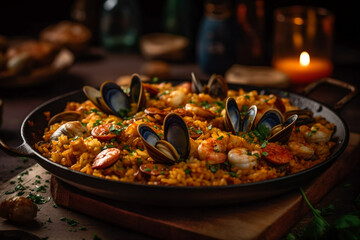 Delectable and savory seafood paella. AI Generated