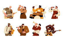 Musicians Set. Music Players Performing On Instruments, Playing Guitar, Saxophone, Drums, Trumpet, Violin, Flute, Keytar, Singer Singing. Flat Graphic Vector Illustrations Isolated On White Background