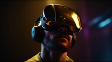 Man Is Wearing A Gold Vr Device In A Yellow Lighted Background Generative AI