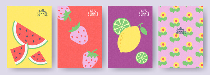 Wall Mural - Hello Summer posters or covers set. Trendy modern art. Cartoon, minimal, abstract contemporary style. Summer card, banner, label templates with fruits watermelon, lemon, lime, strawberry and flowers