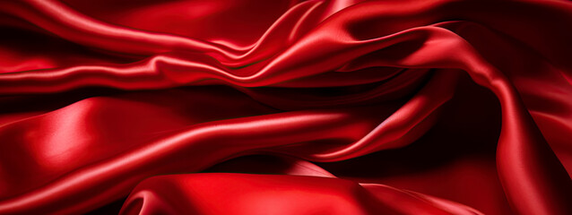 Wall Mural - red fabric silk background with pleats. Texture of satin cloth. Generative AI