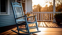 Empty Rocking Chair On A Porch, Soft And Warm Sunlight.