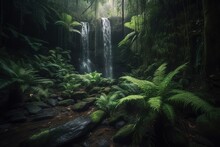 A Thick And Verdant Forest With A Cascading Waterfall In The Distance Generative AI