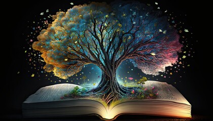 Poster - Beautiful multicolored colorful tree grows on open magic book. 