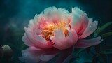 Fototapeta Kwiaty - This is a close-up photograph of a peony flower set against a rainbow patchwork background, with a colorful pastel neon mist creating a foggy atmosphere around it. Generative AI