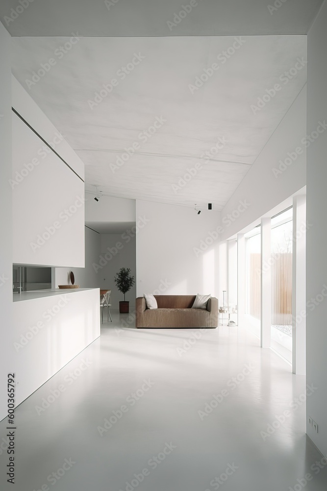 Minimalist interior design with white concrete walls and large windows ...