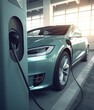 Electric car plugged at charging station. Hybrid Ev car. Electric vehicle. Generative Ai