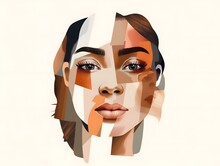 Contemporary Art Collage. Modern Design. Female Face Made From Different Face Parts Of Women Of Various Races. Concept Of Beauty Standards, Multi Ethnicity, Friendship, Diversity, Human Rights