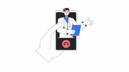 Poster - Online doctor call animation. Animated physician on video conference 2D cartoon flat colour line pov hand. E-health 4K video concept footage on white with alpha channel transparency for web design