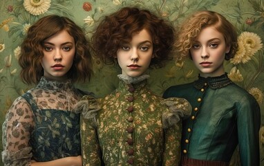 Three beautiful models with elegant hairstyles posing in retro style clothes and expensive luxury jewelry. victorian hairstyle. Ai generative.