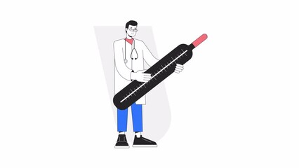 Fototapete - Doctor holding thermometer animation. Animated male physician 2D cartoon flat colour line character. Family medicine 4K video concept footage on white with alpha channel transparency for web design