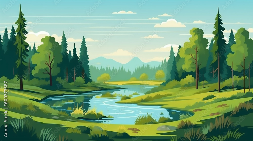 Nature Green Landscape with trees, mountains and river created with ...