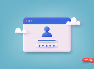 Computer and account login and password form page. Sign in to account, user authorization, login authentication page concept. Username, password fields. 3D Web Vector Illustrations.