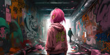 Fototapeta  - a girl with pink hair stands in a tunnel, in the style of kawaii street art, generative AI