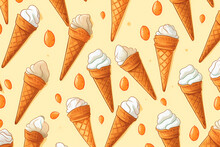Seamless pattern with ice cream cones and a cup of coffee on a yellow background. Generative AI