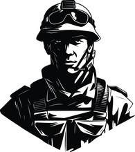 Soldier With Helmet Black And White Logo, Emblem Style Isolated Vector Illustration. Isolated Vector Illustration
