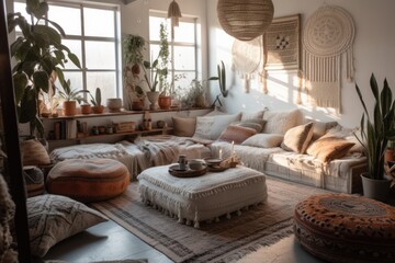 Wall Mural - Minimal, monochromatic spaces with boxy, bohemian style furniture and layers of textured blankets. The love of minimalism, textures and cozy spaces is prevalent among Gen Z. Generative AI