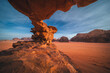 Rock formations in the red desert of Wadi Rum in Jordan - captured in the golden hour