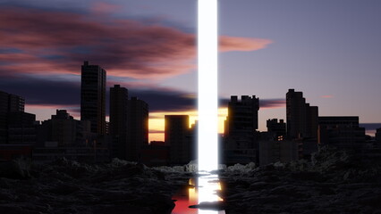 Poster - Glowing City portal is reflected. Door to other worlds and galaxies among stones. Journey into future to the stars and nebulae. 3d render