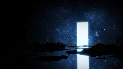 Poster - Glowing space portal is reflected in water. Door to other worlds and galaxies among stones. Journey into future to the stars and nebulae. 3d render