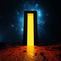 Poster - BIG Glowing portal is reflected. Door to other worlds and galaxies among stones. Journey into future to the stars and nebulae. 3d render