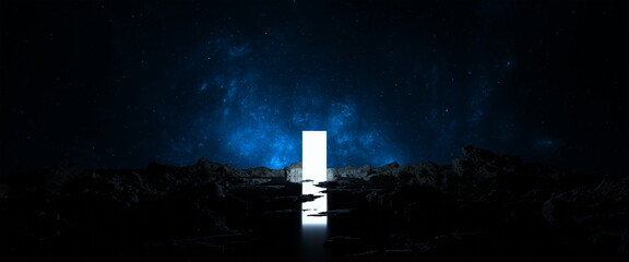 Fototapete - Glowing space portal is reflected in water. Door to other worlds and galaxies among stones. Journey into future to the stars and nebulae. 3d render