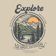 Explore the great outdoors, vector mountain with sunset and river, mountain graphic artwork for t shirt and others. Mountain with tree retro vintage print design. the great outdoors.