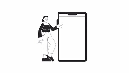 Poster - Animated bw woman with phone mockup. Thin line monochrome template concept 4K video footage. Lady tapping mobile touchscreen isolated cartoon black white animation with alpha channel transparency