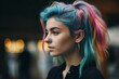 A woman with a blue and pink hairdo with a nose ring in her mouth AI generation