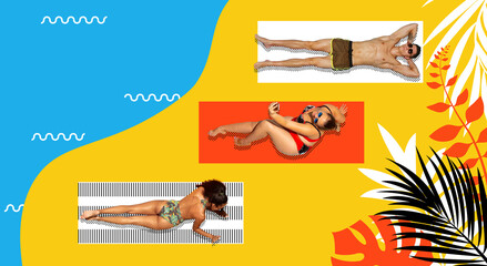 luxurious rest. pop art with happy young people women and man wearing swimsuit lying on sunbed and t