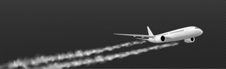 Wall Mural - white plane condensation trail with smoke cloud vector isolated on transparent background. airplane 