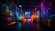© Moon Project - Creative, original, futuristic places, with neon lights and lots of color contrasts. Shapes, figures and futuristic, alternative and suburban decoration. Spaces for artists. Image generated by AI.