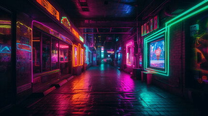 Wall Mural - Creative, original, futuristic places, with neon lights and lots of color contrasts. Shapes, figures and futuristic, alternative and suburban decoration. Spaces for artists. Image generated by AI.