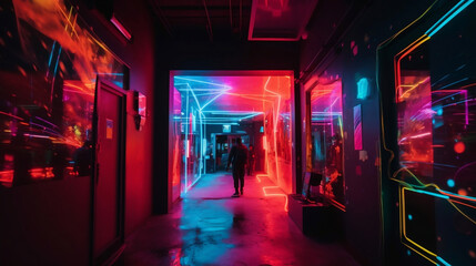 Wall Mural - Creative, original, futuristic places, with neon lights and lots of color contrasts. Shapes, figures and futuristic, alternative and suburban decoration. Spaces for artists. Image generated by AI.