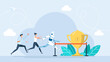 © Yurii - Business people group and robot competing run to finish line. Robot and human running competition together. AI win race finish first. Artificial intelligence and new technology. Flat illustration