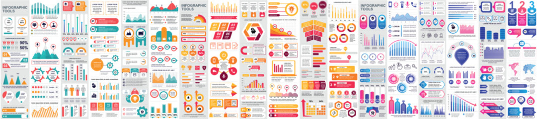 Poster - Mega set of infographic elements data visualization vector design template. Can be used for steps, options, business process, workflow, diagram, flowchart, timeline, marketing. Bundle info graphics.