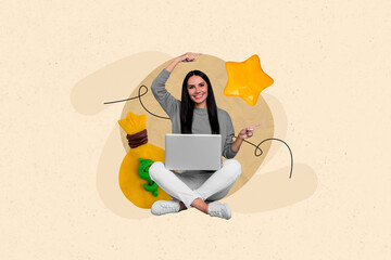 Aufkleber - Photo of optimistic business entrepreneur worker rich investor woman money bag direct fingers bright star isolated on beige background