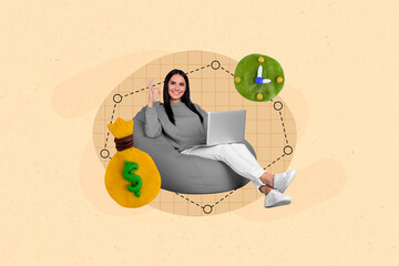 Aufkleber - Collage of young satisfied business worker show okey sign hold netbook beanbag money sack plasticine timer isolated on beige background