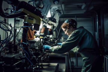 Poster - Engineer working with robot arm in factory. Smart industry 4.0 concept. Generative AI