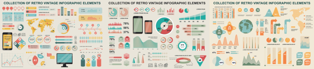 Leinwandbilder - Mega set of vintage infographic elements data visualization vector design template. Can be used for steps, options, workflow, diagram, flowchart, timeline, marketing. Bundle retro info graphics.